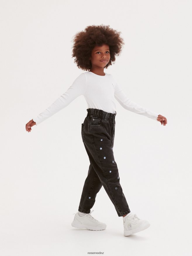 Reserved Girls Baggy Jeans With Embroidery Detailing P6H08T1903 Apparel Black