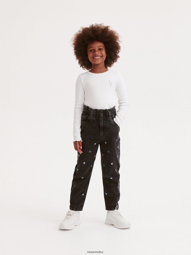 Reserved Girls Baggy Jeans With Embroidery Detailing P6H08T1950 Apparel Black