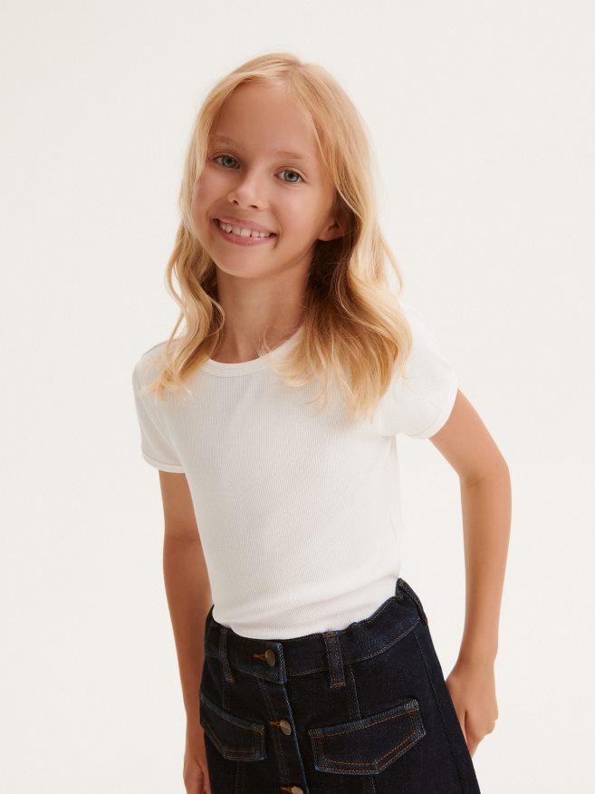 Reserved Girls Rib Knit Cotton Rich T-Shirt P6H08T1942 Apparel Cream