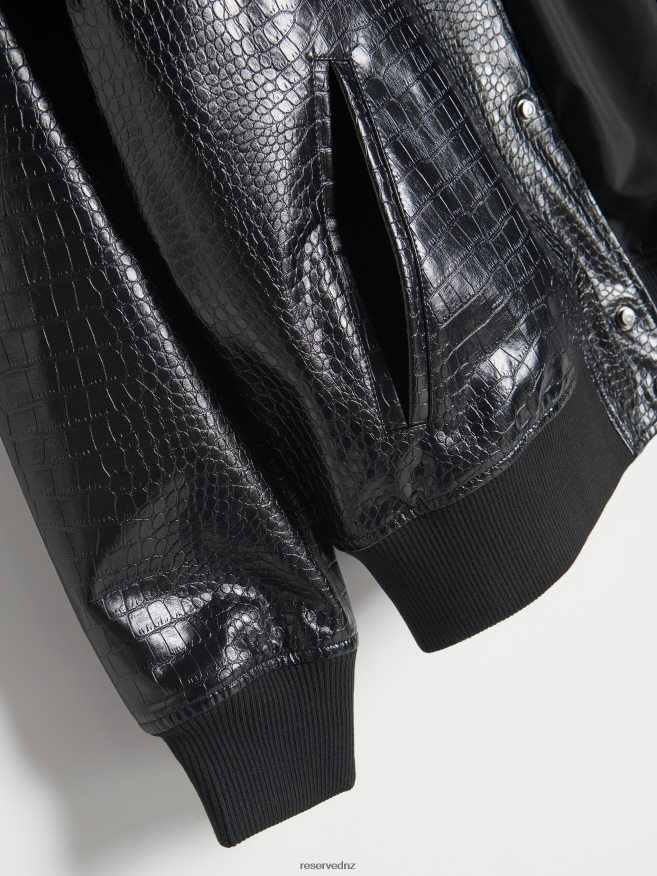 Reserved Men Faux Leather Bomber Jacket P6H08T1638 Apparel Black