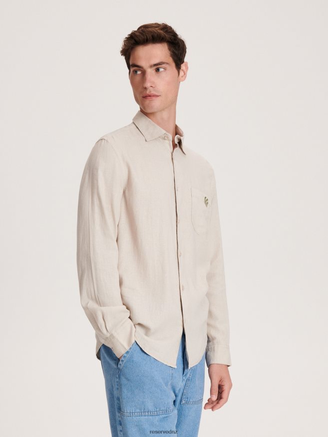 Reserved Men Regular Fit Linen Rich Shirt P6H08T1369 Apparel Beige