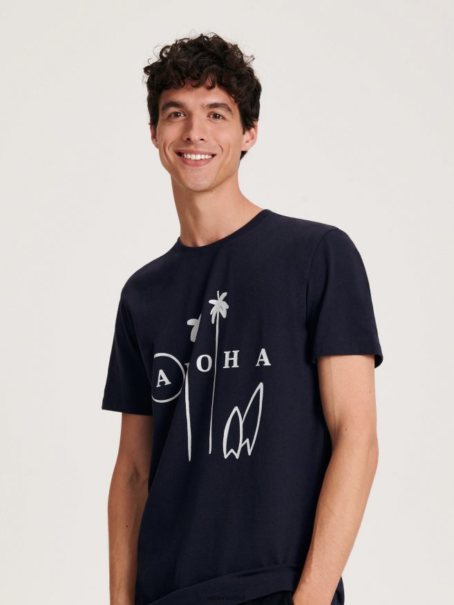 Reserved Men New Regular Fit T-Shirt With Print P6H08T1257 Apparel Navy