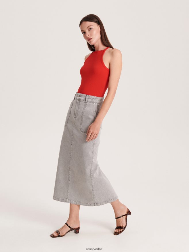 Reserved Women Denim Midi Skirt P6H08T835 Apparel Light Grey