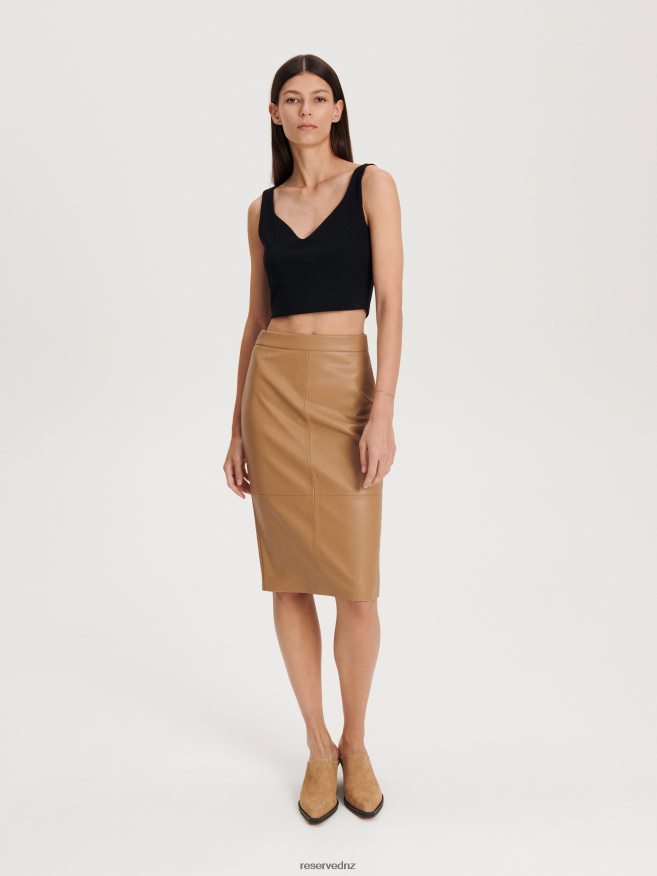 Reserved Women Faux Leather Skirt P6H08T836 Apparel Beige