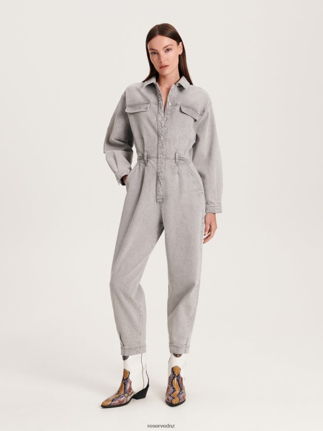 Reserved Women Denim Jumpsuit With Gathering P6H08T223 Apparel Light Grey