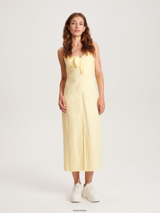 Reserved Women Midi Dress With Tie Waist P6H08T230 Apparel Light Yellow