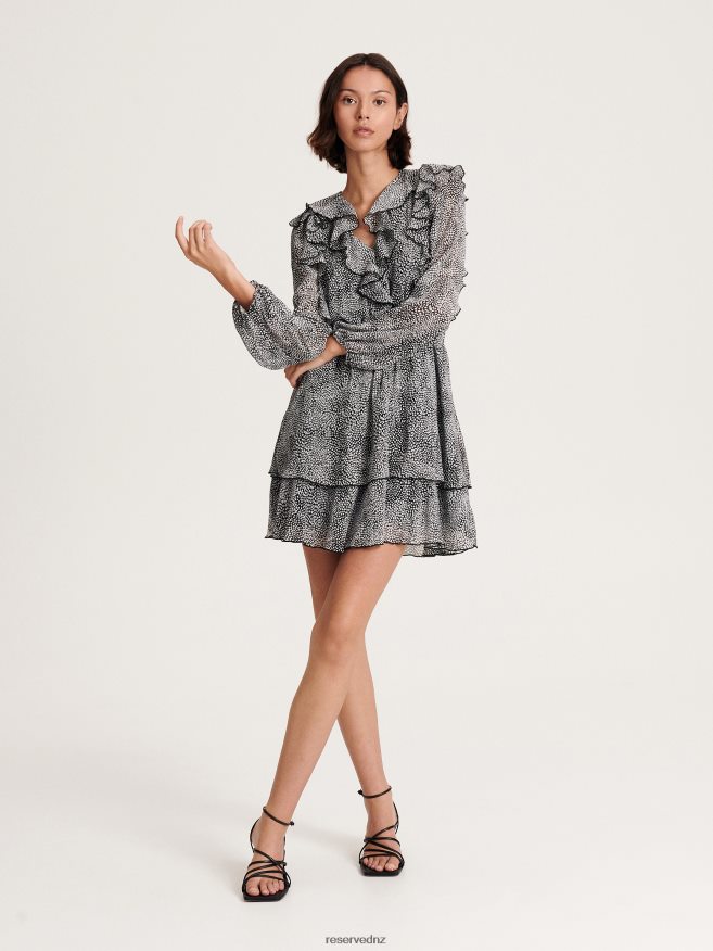 Reserved Women Mini Dress With Ruffle Hem P6H08T233 Apparel Dark Grey