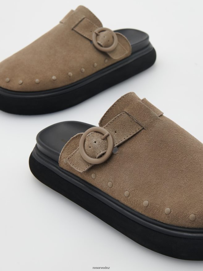Reserved Women Leather Mule Sliders P6H08T171 Shoes Dusty Brown