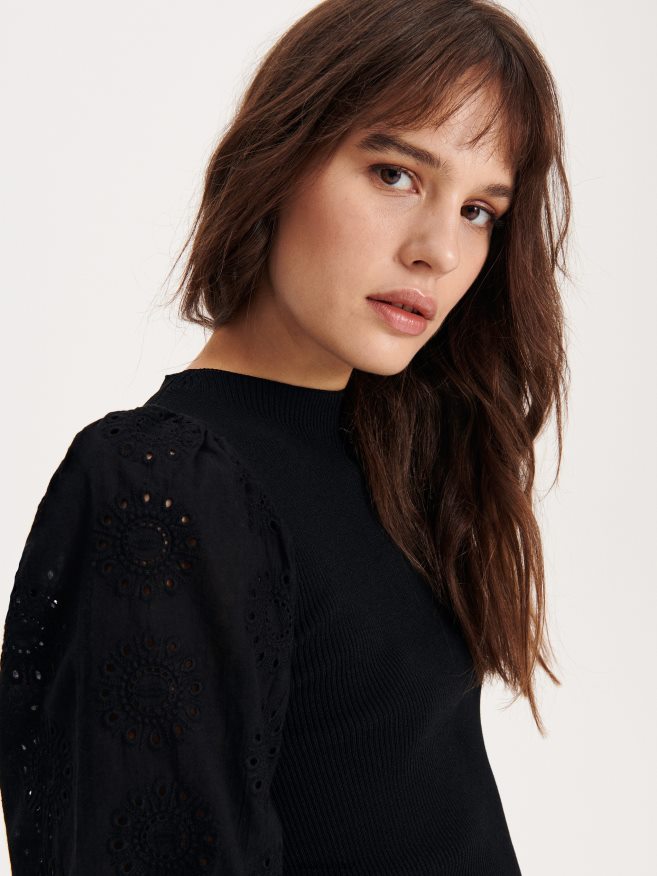 Reserved Women Blouse With Broderie Anglaise Sleeves P6H08T300 Apparel Black