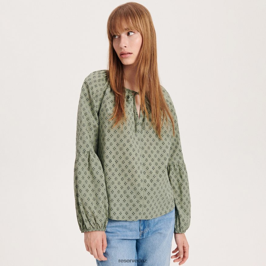 Reserved Women Blouse With Patterned Inserts P6H08T36 Apparel Light Olive