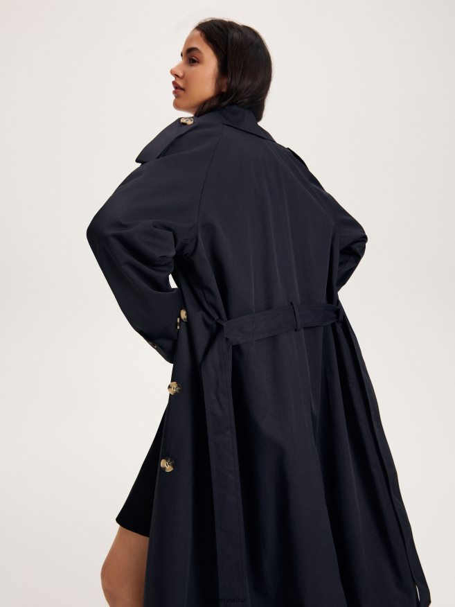 Reserved Women Double Breasted Oversized Trench Coat P6H08T871 Apparel Navy