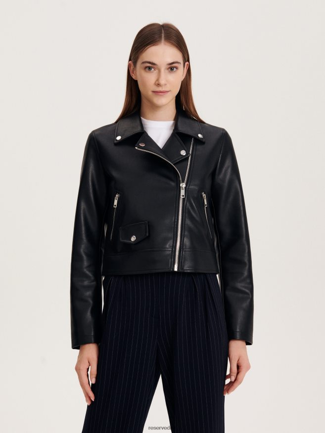Reserved Women Faux Leather Biker Jacket P6H08T868 Apparel Black