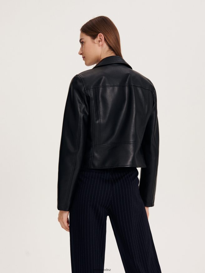 Reserved Women Faux Leather Biker Jacket P6H08T868 Apparel Black