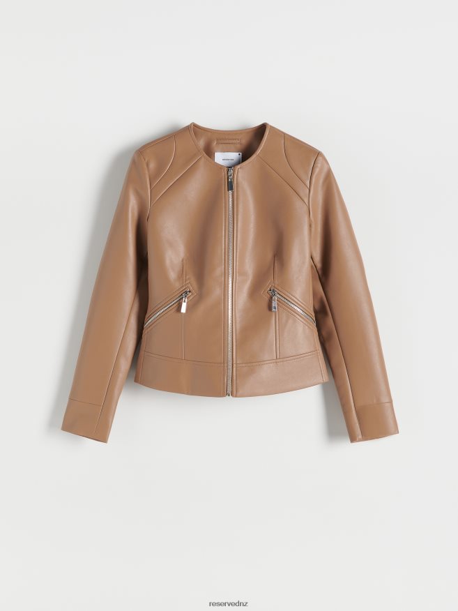 Reserved Women Faux Leather Biker Jacket P6H08T873 Apparel Beige