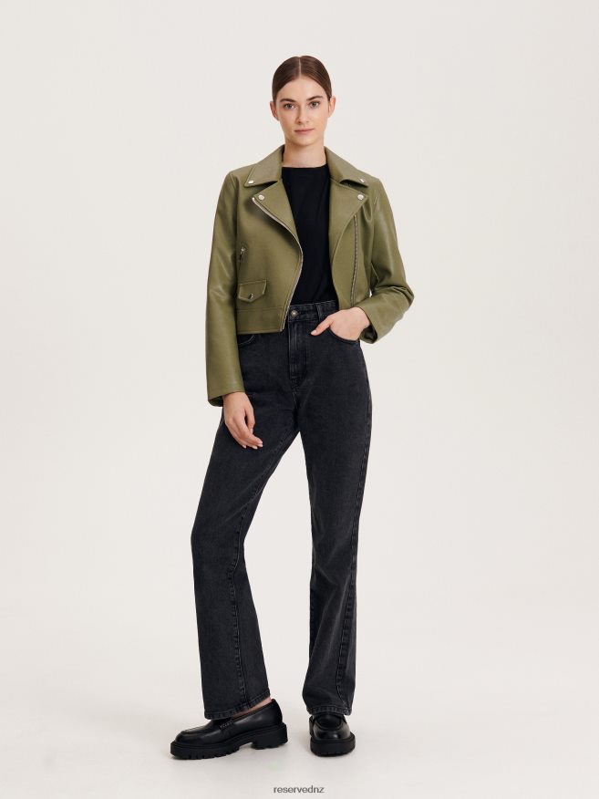 Reserved Women Faux Leather Biker Jacket P6H08T885 Apparel Light Olive
