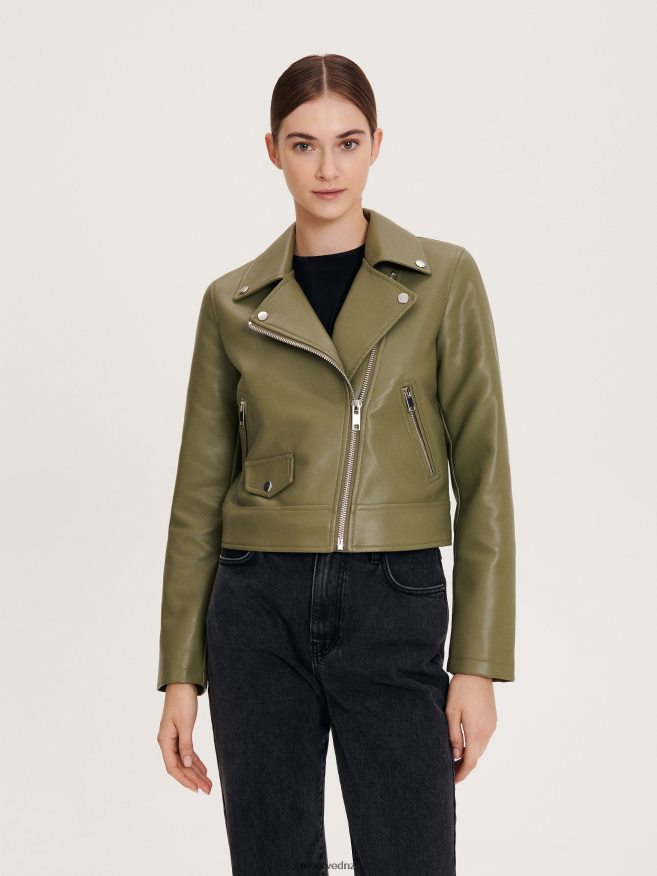 Reserved Women Faux Leather Biker Jacket P6H08T885 Apparel Light Olive