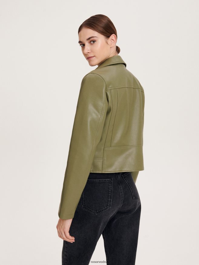 Reserved Women Faux Leather Biker Jacket P6H08T885 Apparel Light Olive