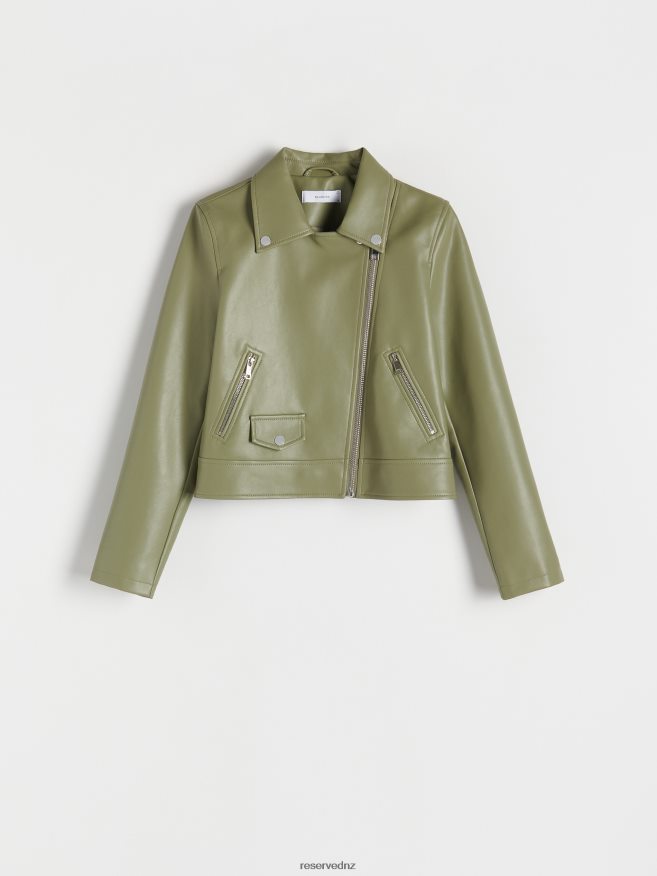Reserved Women Faux Leather Biker Jacket P6H08T885 Apparel Light Olive