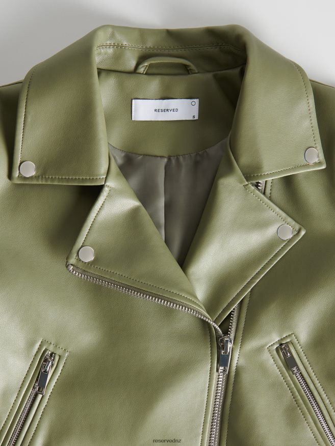 Reserved Women Faux Leather Biker Jacket P6H08T885 Apparel Light Olive