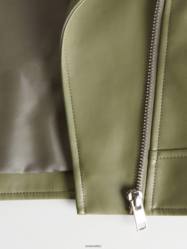 Reserved Women Faux Leather Biker Jacket P6H08T885 Apparel Light Olive