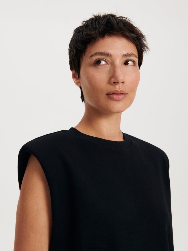 Reserved Women Padded Shoulder T-Shirt P6H08T514 Apparel Black