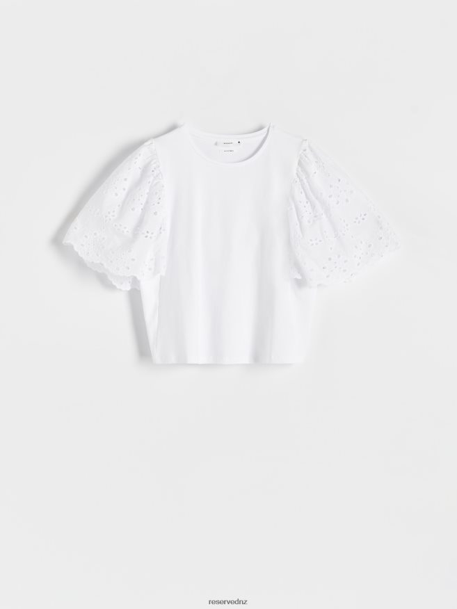 Reserved Women T-Shirt With Broderie Anglaise Sleeves P6H08T482 Apparel Cream