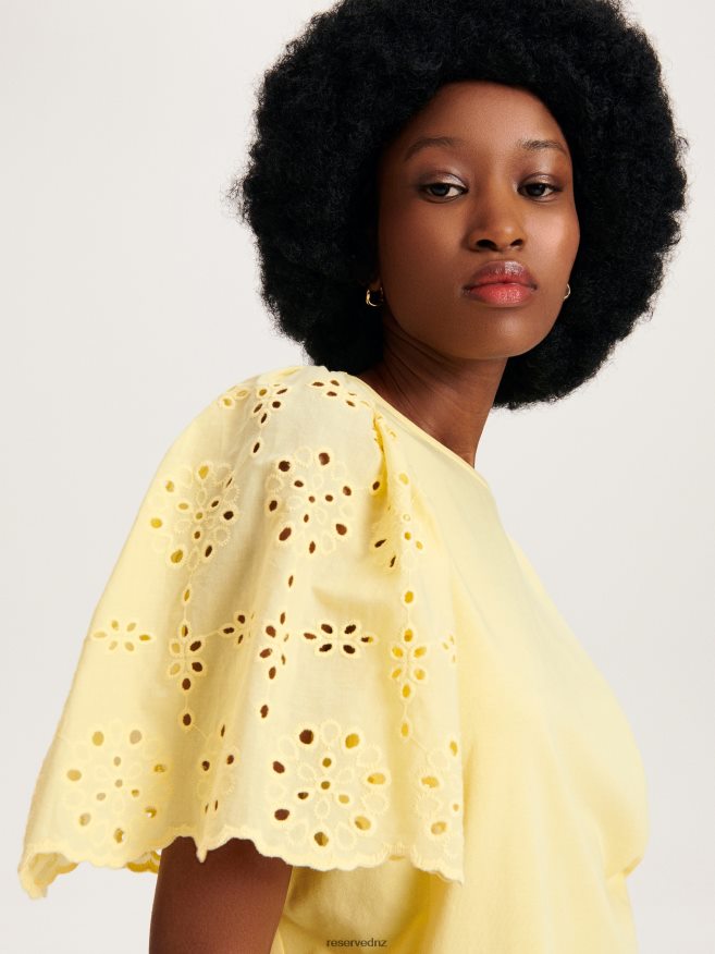 Reserved Women T-Shirt With Broderie Anglaise Sleeves P6H08T486 Apparel Light Yellow