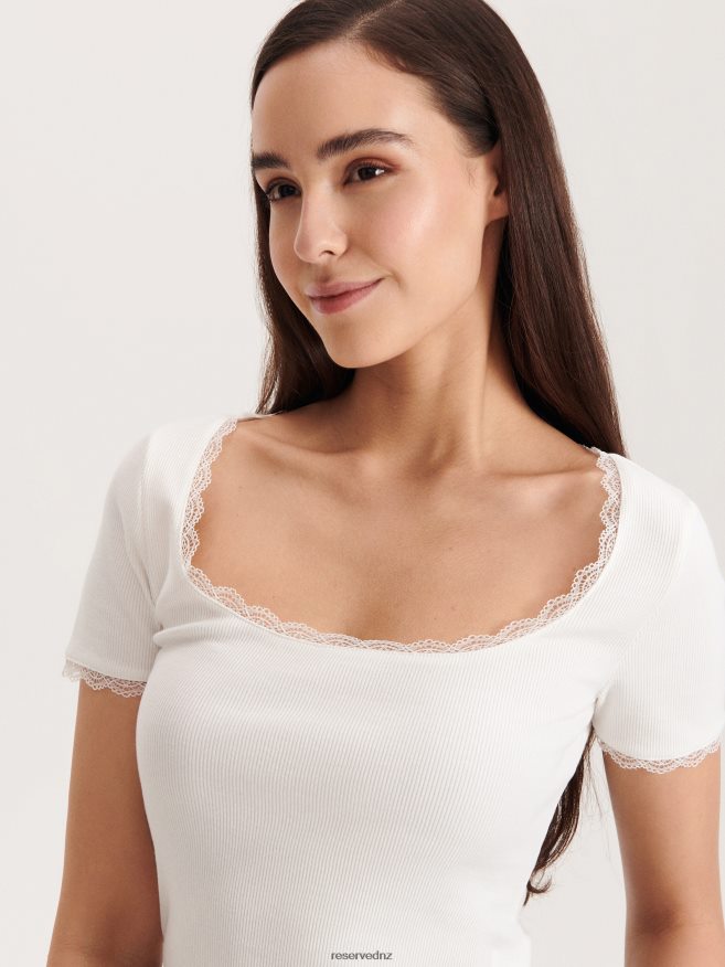 Reserved Women T-Shirt With Lace Detail P6H08T467 Apparel Cream