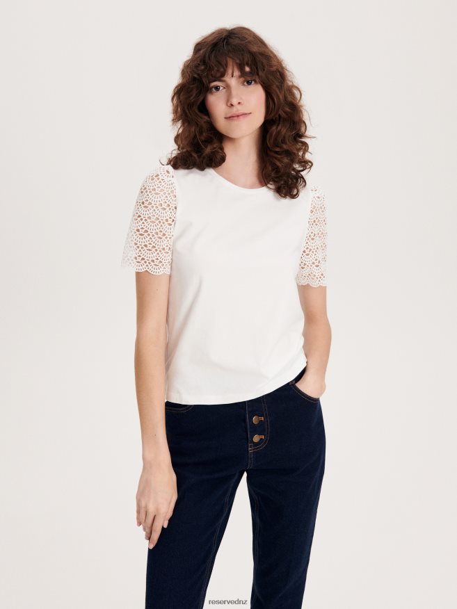 Reserved Women T-Shirt With Ladder Inserts P6H08T430 Apparel White