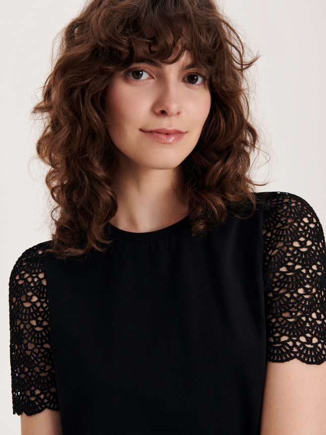 Reserved Women T-Shirt With Ladder Inserts P6H08T453 Apparel Black